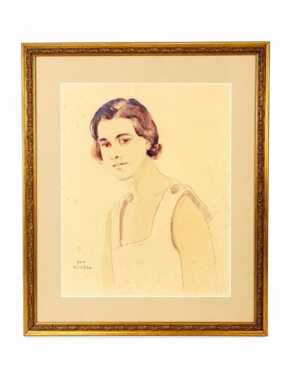 Framed Watercolor Pastel Portrait of a Young Woman Artist Signed Ada Budell Gold